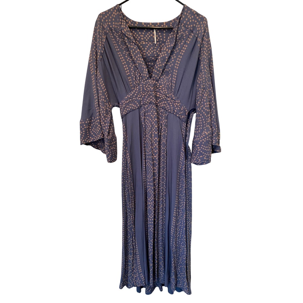 Free People Slate Blue Boho Dot Print Kimono Sleeve V-Neck Midi Dress Size 2